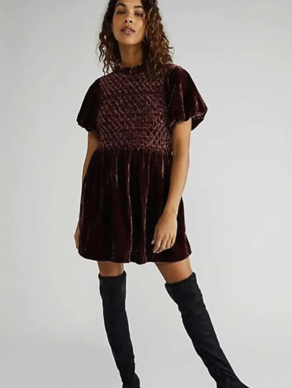 Free People Gum Drop Double Dare Brown Burgundy Velvet Mini Dress - Size - Large